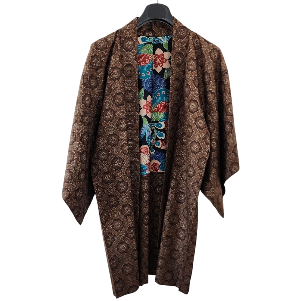 Vintage kimono silk hand stitched haori jacket brown floral lining -K11 - Picture 5 of 16